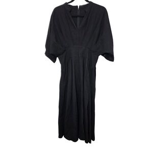 Cider Flowy Black Pleaded Grunge Midi Dress With V-Neck & Batwing Sleeves Size M